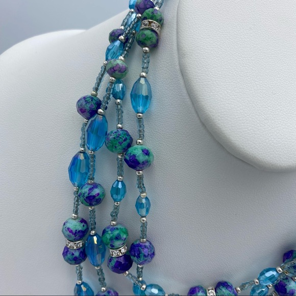 Blue Glass Multi Faceted Beaded & Seed Bead Rhinestone Multi Strand Necklace - Picture 9 of 9